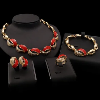 

Yulaili African Beads Fine Jewelry Sets Gold Color Red Crystal Necklace Bracelet Stud Earring Ring For Women Wedding Jewellery