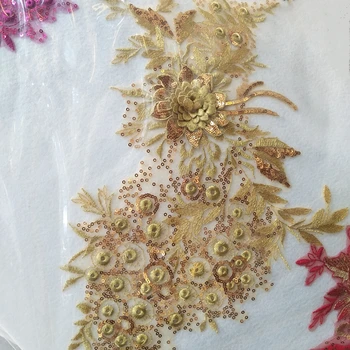 

10 pieces gold sequins embroidered 3D flowers lace applique for bridal dress sewing accessories