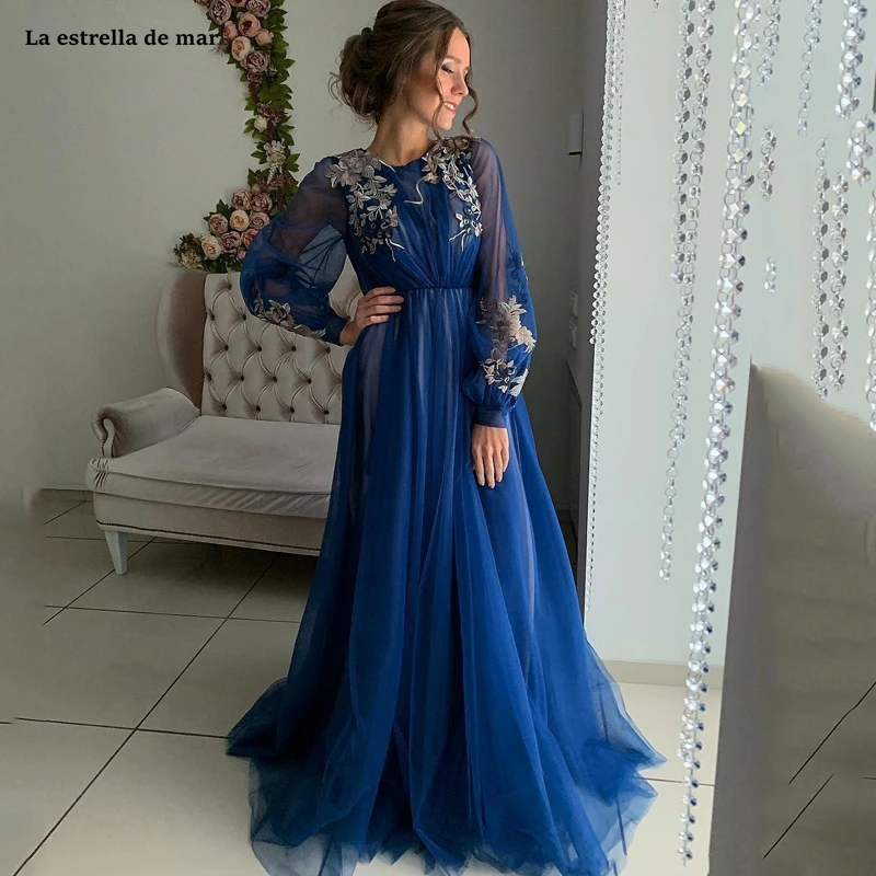 

Royal Blue Appliqued Long Sleeves Evening Dresses Jewel Neck Pleated Arabic Prom Gowns A Line Floor Length Tulle Formal Dress