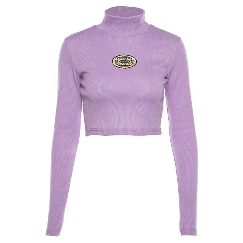 Теплый короткий топ, водолазка, рубашка с длинным рукавом, плотная ткань, отличное качество, футболки с надписями, элегантные свитшоты, Женский пуловер фиолетового цвета - Цвет: Фиолетовый