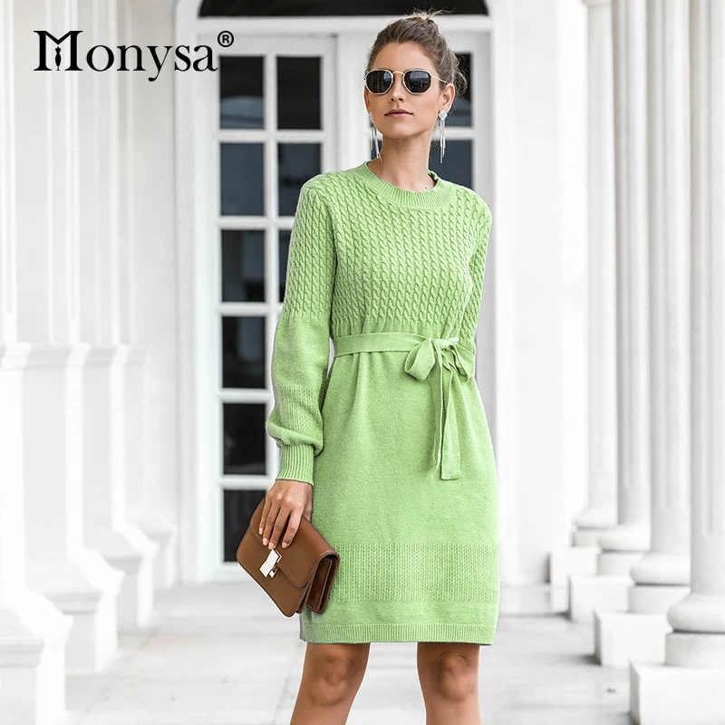 light green Зимнее Повседневное платье-свитер для женщин, осень, Новое поступление, фонарь, длинный рукав, трикотажное платье для девушек, синий пуловер, короткое платье - Цвет: light green