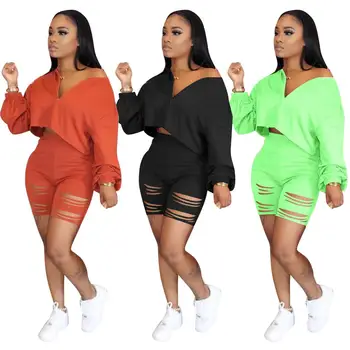 

Echoine Crop Top Shorts Set Two Piece set Hollow Out Pants Tracksuit Women Sweatshirt Jogging Femme Gym Running Shorts Set 2020