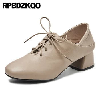 

genuine leather thick fashion shoes 2019 luxury women medium heels pumps autumn block chunky square toe high quality lace up