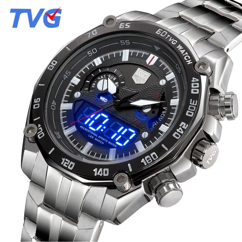 

TVG Watches Men Stainless Steel Band Led Digital Quartz Wristwatches Men Sports Watches 30m Waterproof Clock Relogio Masculino