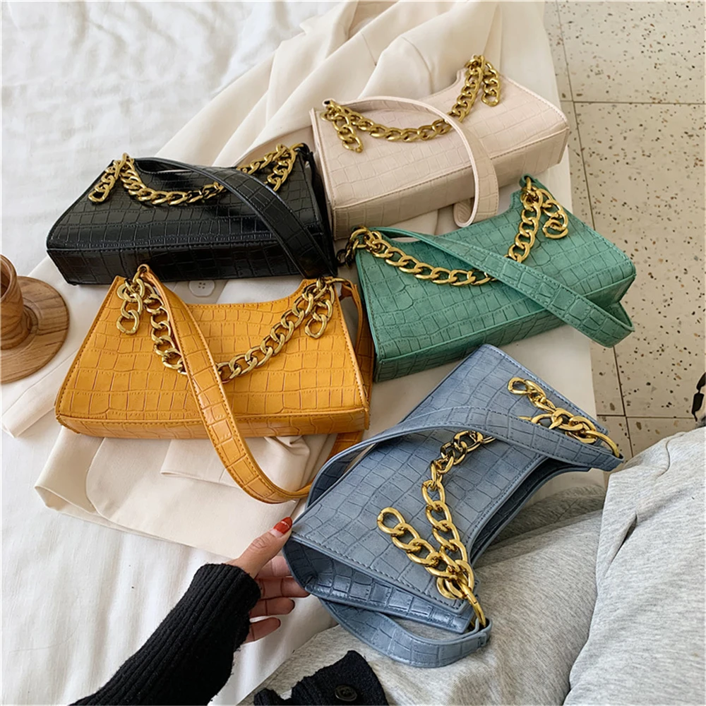 

Crocodile Pattern Purses and Handbags Luxury Designer Retro Chain PU Female Shoulder Handbag Baguette Vintage Alligator Lady Bag