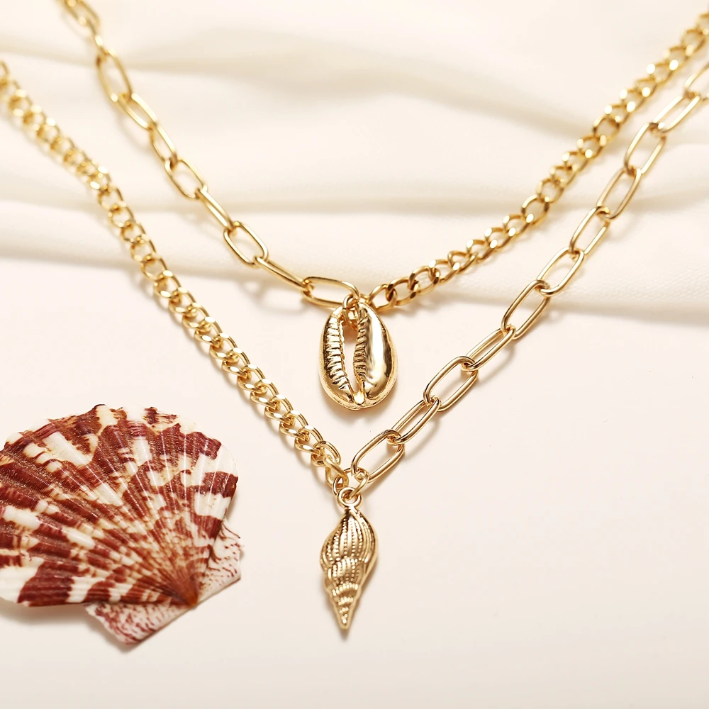 Золотая ракушка кулон ожерелье со звеньями для женщин Простой Любовь Ключ