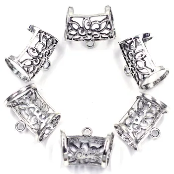 

75Pcs Silver Tone Flower Hollow Bail Beads Pendants For Wrap Scarf Jewelry DIY Finding 3.3x2.8cm