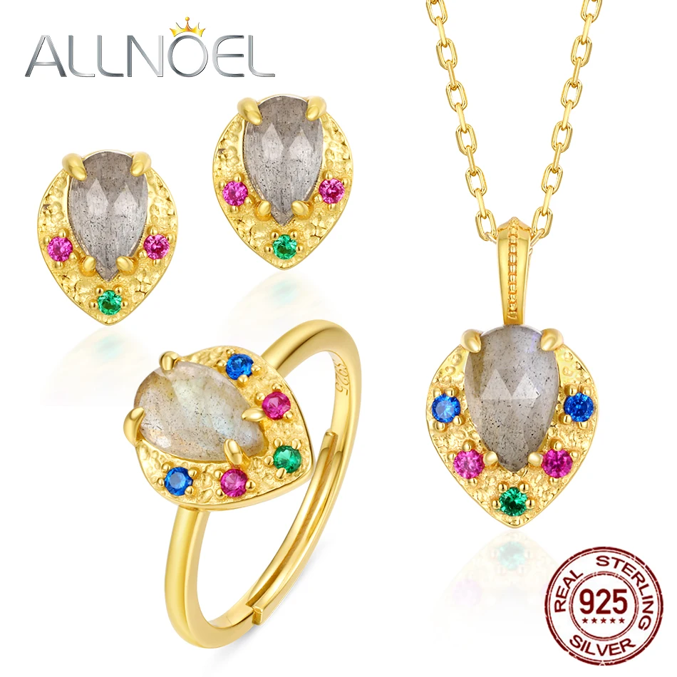 

ALLNOEL 925 Sterling Silver Jewelry Set For Women Natural Labradorite Corundum Diamond Ring Wedding Fine Jewelry Set Hot Sale