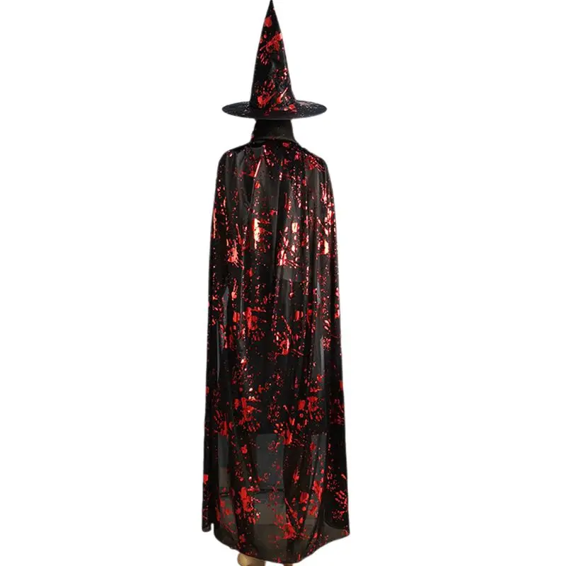 

Adult Children Halloween Scary Glitter Bloody Handprint Cloak with Witch Hat Death Evil Demon Cape Cosplay Costume Party Props
