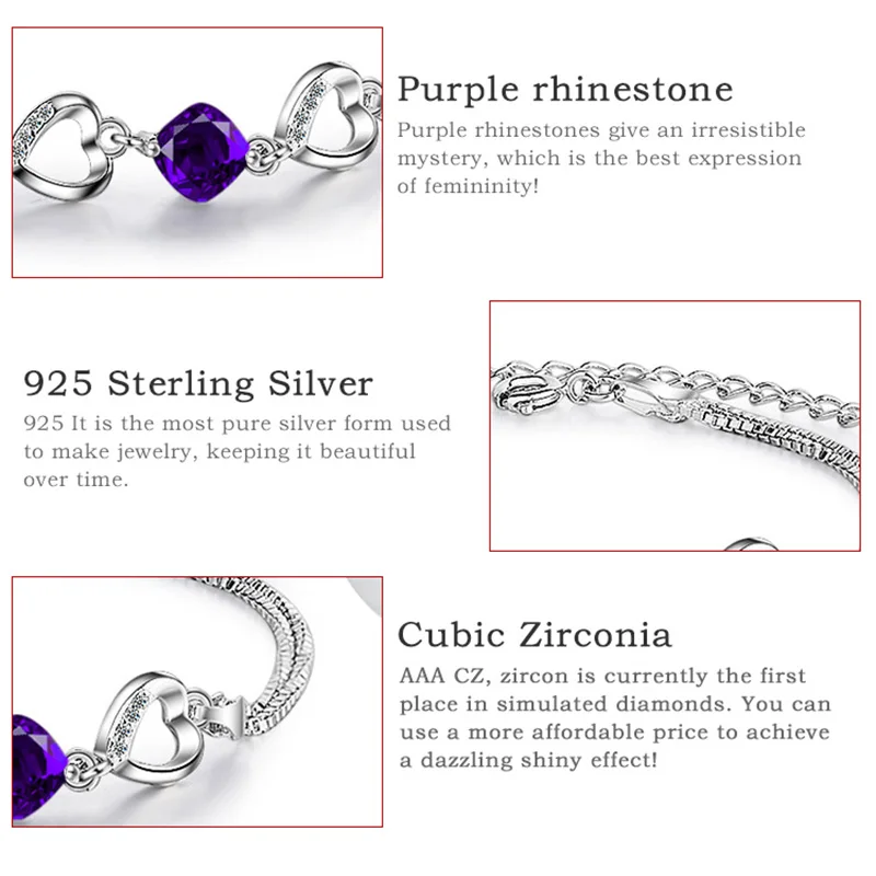 Heart Connected Charm Bracelets Women Fine Real Silver Double Bracelet 925 Sterling Silver Original Jewelry Purple Stone Zircon