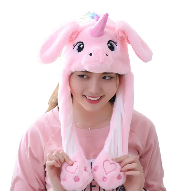 as picture Шапка с заячьими ушами Kawaii забавная ручная защемление подушки безопасности с длинными ушами, светящаяся в темноте мультяшная плюшевая подвижная игрушка, шапка, подарки для девочек - Цвет: as picture