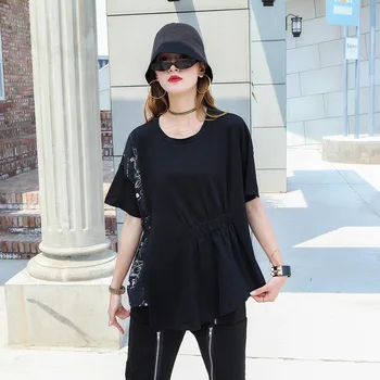 

WOMENGAGA 2020 SUMMER NEW Casual O-neck T-shirt Pullover Irregular Print Patchwork Streetwear Pleated Fashion Personality A275