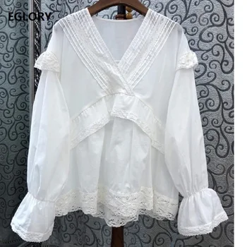 

Top Quality New 2019 Autumn Fashion White Black Brown Blouses Shirt Women V-Neck Ruffle Patchwork Cotton Blouse Casual Ladies