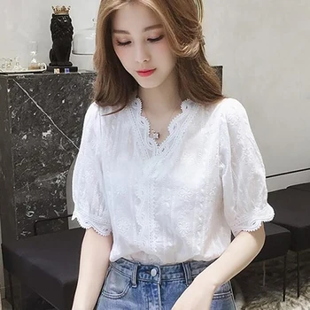 

2019 New Fashion Lace Hollow Out Sweet Loose White Women's V-Neck Blouse Half Sleeves Solid Blouse Shirt blusas mujer de moda