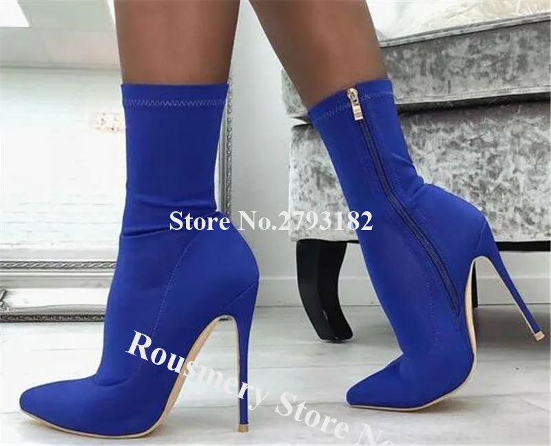 

Women Fashion Pointed Toe Suede Stiletto Heel Short Boots Slim Banded Blue Red High Heel Ankle Booties Formal Dress Shoes