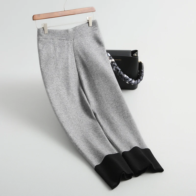 Осенние женские шерстяные брюки женские зимние новые повседневные с эластичной резинкой на талии женские шерстяные трикотажные брюки пэчворк прямые - Цвет: gray
