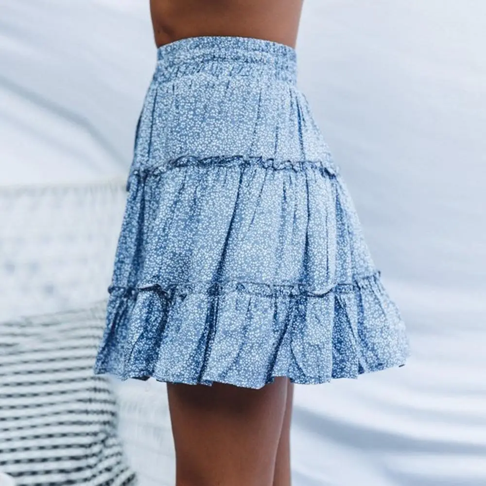 Летние повседневные юбки Bohe с высокой талией jupe femme женская мода faldas mujer moda гофрированная пляжная короткая юбка с цветочным принтом А4