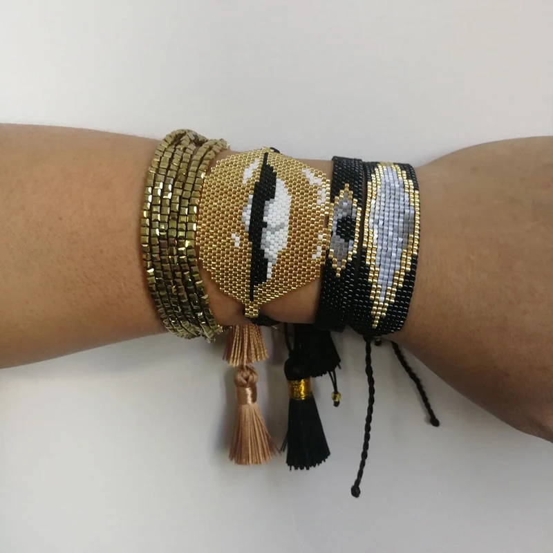

SHINUS BOHO MIYUKI Gold Lip Bracelets for Women Evil Eye pulseras Square Beaded Jewelry with Tassel Knotted Turkey Eye Bracelets
