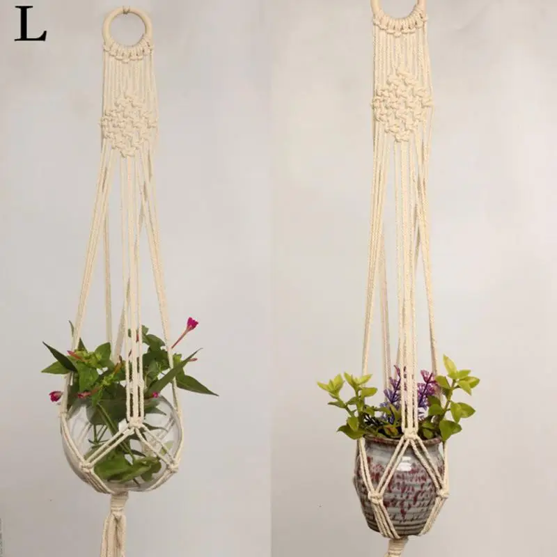L type 90cm Knotted Macrame Plant Hanger Vintage Cotton Linen Flower Pot Basket Lifting Rope Pot Holder Garden Tool Hanging Basket - Цвет: L type