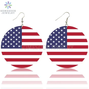 

SOMESOOR United States National Flag Loops Wooden Drop Earrings Powerful America Stars And Strips Design Printed For Women Gifts