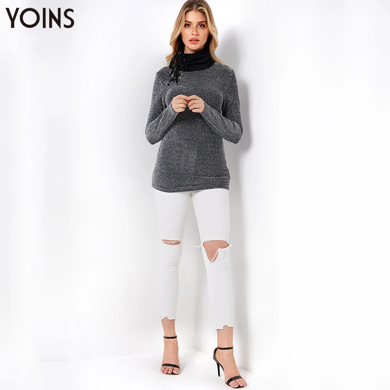 YOINS, осенне-зимние женские блузки, черные, облегающие, самозавязывающиеся, с дымоходным воротником, с длинным рукавом, рубашки, блестящие, серебристые, для чтения, блузы