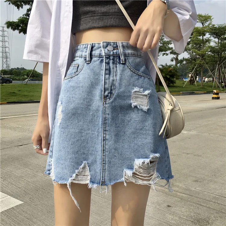 

Women's 2019 Summer New Style Korean-Style Irregular Torn Edge with Holes Denim Skirt High-waisted Slimming A- line Short Dress