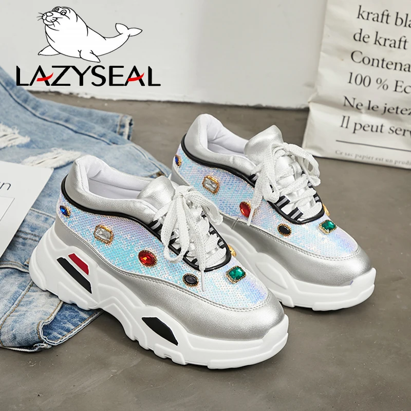 Женские ботильоны с кристаллами LazySeal на толстой подошве круглый носок блестящая