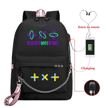 

Kpop TXT Backpack Women School Bags for Teenage Girls USB Change Laptop Backpack Men Mochila Black Back Pack Pink Bags Sac A Dos