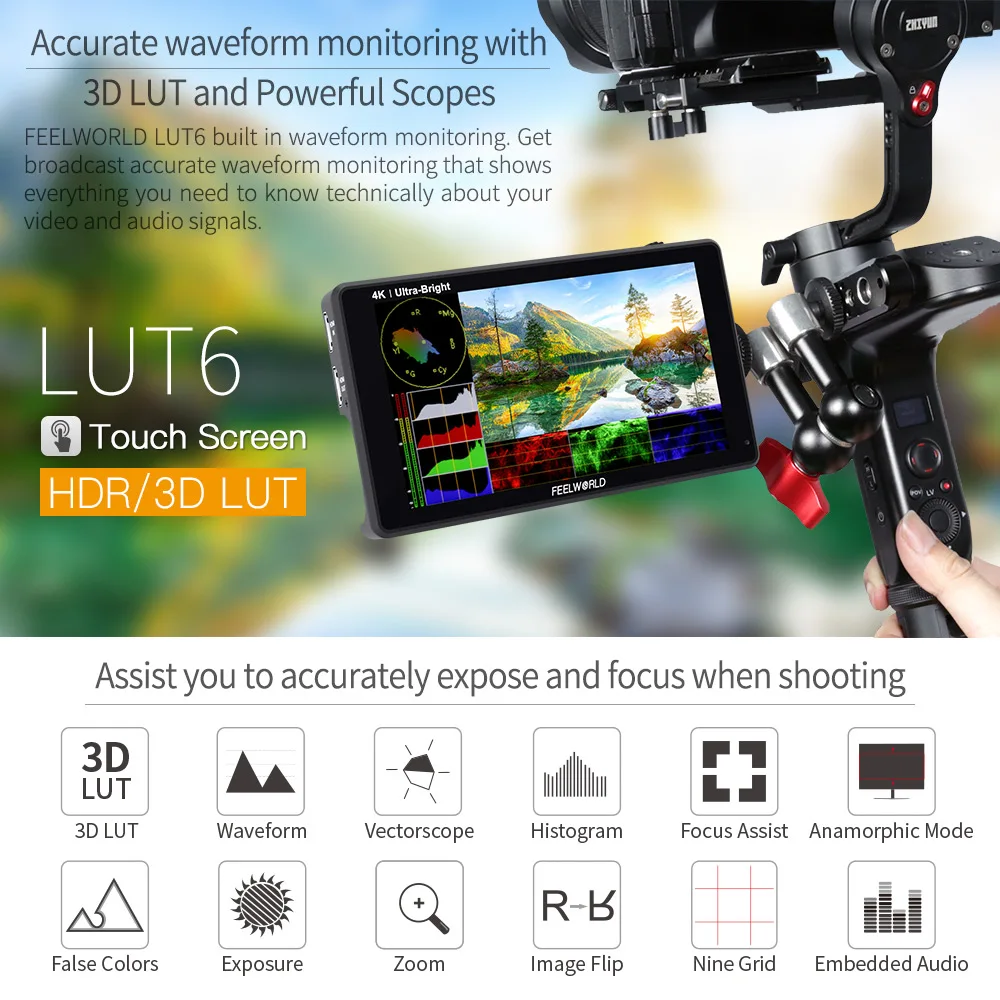 FEELWORLD LUT6 6 Inch 2600nits HDR 3D LUT Touch Screen on Camera Field DSLR  Monitor with Waveform VectorScope for Youtube Live