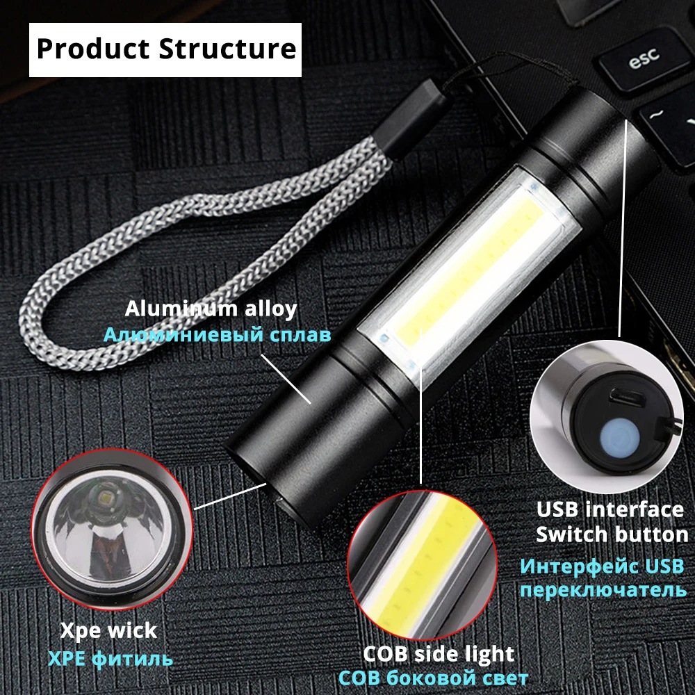 USB Перезаряжаемый Фонарик 3 режима освещения COB+ XPE светодиодный мини-фонарик водонепроницаемый портативный используется для кемпинга, велоспорта, работы и т. д
