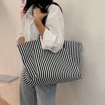 

Large Capacity Canvas Women Handbags Tote Bags High Quality Ladies Messenger Bags Fashion Brand Striped Female Big Shoulder Bag