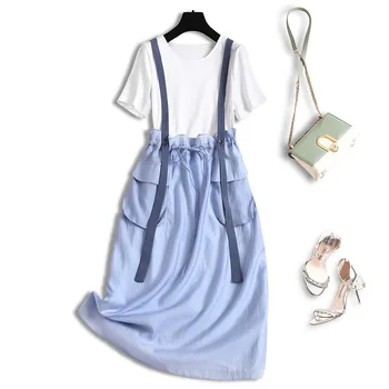 

Women plus size dress summer 2020 short sleeve big pockets front patchwork jersey casual T-shirt dresses blue