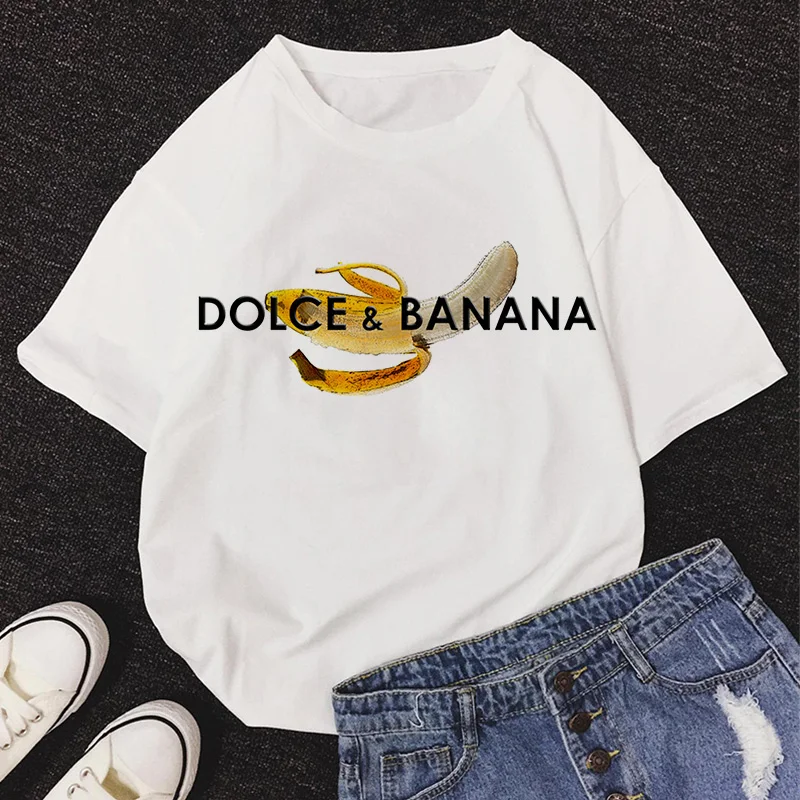 2020 New Summer DOLCE & BANANA Print T-Shirt Women O-Neck Short Sleeve Cute Cartoon T Shirt For Girls Students Lady Tops Tshirt