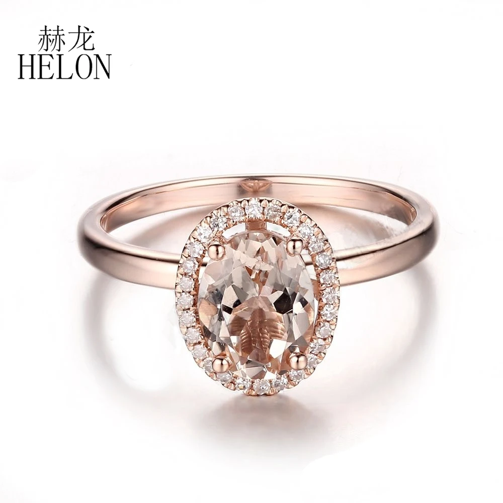 

HELON Solid 10K Rose Gold Flawless Oval 8x6mm Genuine Natural Morganite Diamonds Engagement Wedding Ring Women Fine Jewelry Gift