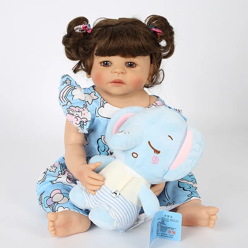 55 см Reborn Baby Doll игрушка полный Силиконовый слон голубое платье ткань тела длинные волосы Реалистичная Детская кукла Малыш Дети ролевые игры