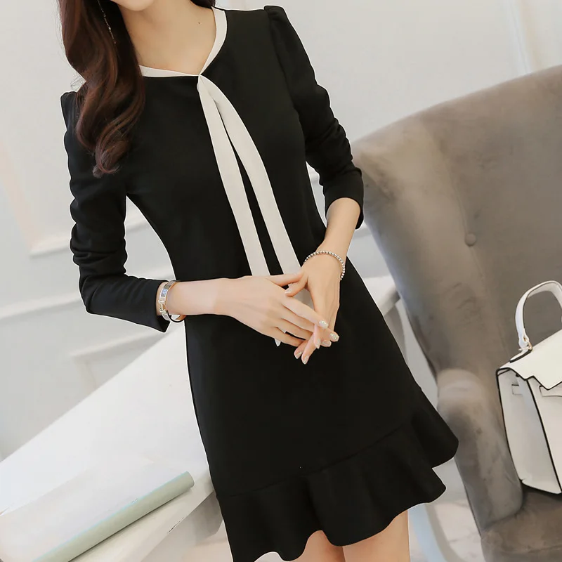 

Newly Slim Women Bow Tie Long Sleeve Dress Casual One-piece Frock Flouncing Dress Working Dress IR-ing
