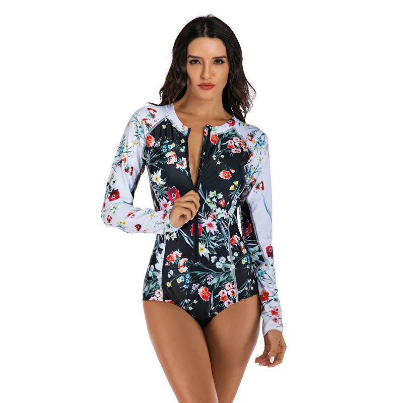 Sexy One Piece Long Sleeve Swimsuit Women Swimwear Bathing Suit Floral Print Monokini Beachwear Retro Bodysuit Female Swim - Цвет: 7740