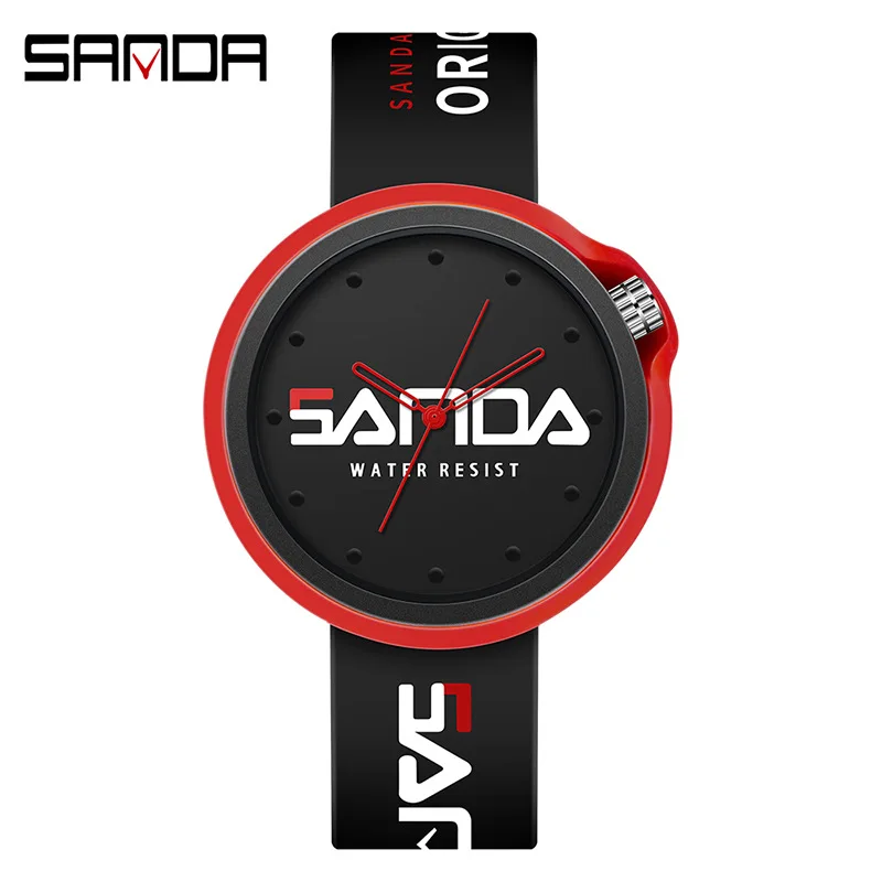 SANDA Creative Fun Quartz Watch For Men Black Dial Quartz Watches Comfortable Black Silicone Strap Wristwatch Business New Gifts