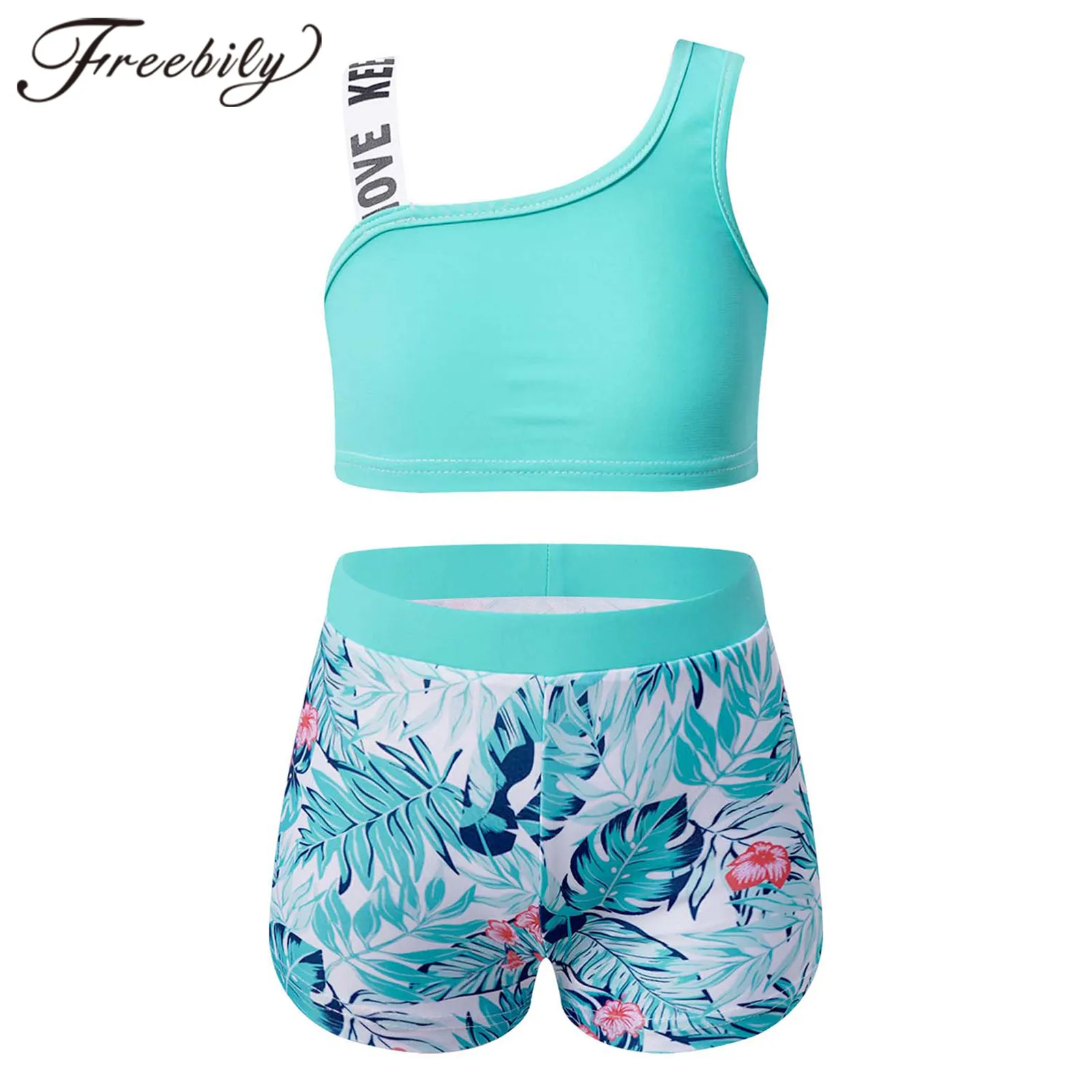 

Yoga Set Kids Ballet Gymastics Outfit Girls Sport Suit Asymmetric Shoulder Straps Crop Tops + Shorts Sets for Dancing Workout