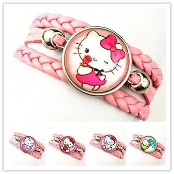 

Jiangzimei 24pcs 2020 New styes pretty KT cats charm bracelets cartoon girl's Pink leather bracelet with beads party gift
