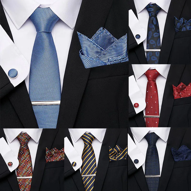 

Luxury 7.5 cm 100% Silk Men's Ties Clip Handkerchief Cuffink Necktie Set Red Stripe Necktie Formal Dress Accessories Wedding