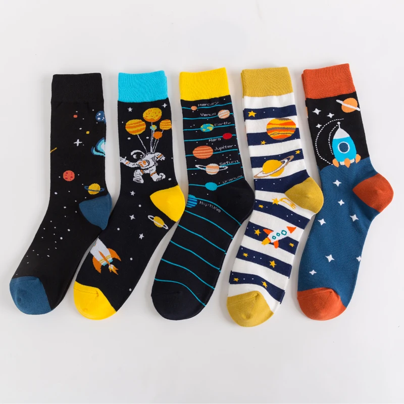 

New Casual Combed Cotton Men's Socks Tend Harajuku Street Hip Hop Funny Socks Colorful Astronaut Rocket Pattern Fashion Socks