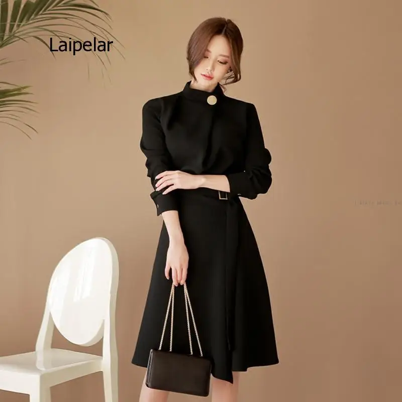 

2020 Autumn Women Elegant Button Stand Neck Belted Long Sleeve Work Business Party Black Wine Red Split Dress