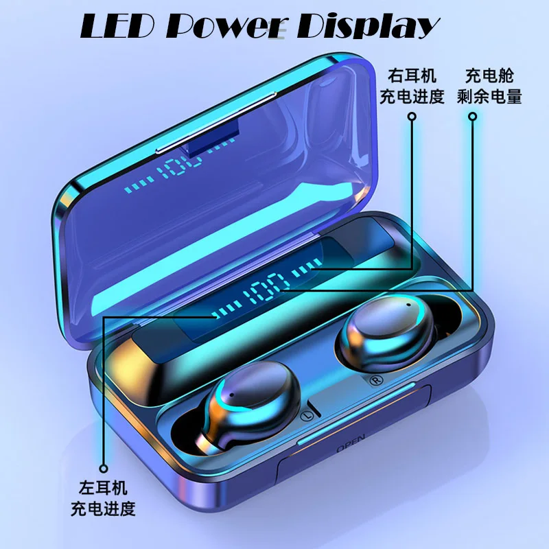 Wireless Earphone Bluetooth V5 0 F9 TWS Bluetooth Headphone HD Stereo LED Display With 2000mAh Headset gmaer With Mic for iphone