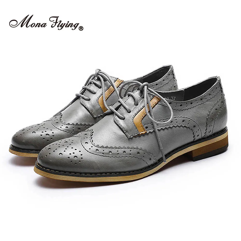 Mona Flying Women Premium Leather Wingtip Oxfords Brogue Comfort Hand-made Lace-up Shoes