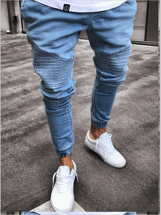 

2019 Europe And America New Style Fashion with Holes Drum Have Rubber Band Foot Mouth Skinny Elasticity Jeans Men's Trousers