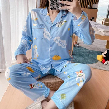 

Autumn and winter pajamas women's long sleeve Lapel cardigan pit bar set sweet and lovely home wear blue duck