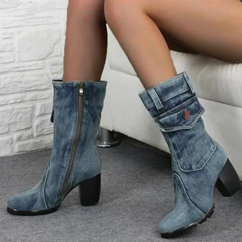 2019 winter dress boots hot style large size high heel denim mid barrel round head thick bottom cloth casual for women | Обувь