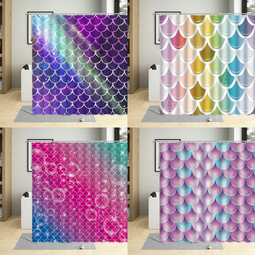 Waterproof Bathroom Mermaid Scales Geometric Rhombus Shower Curtain Set