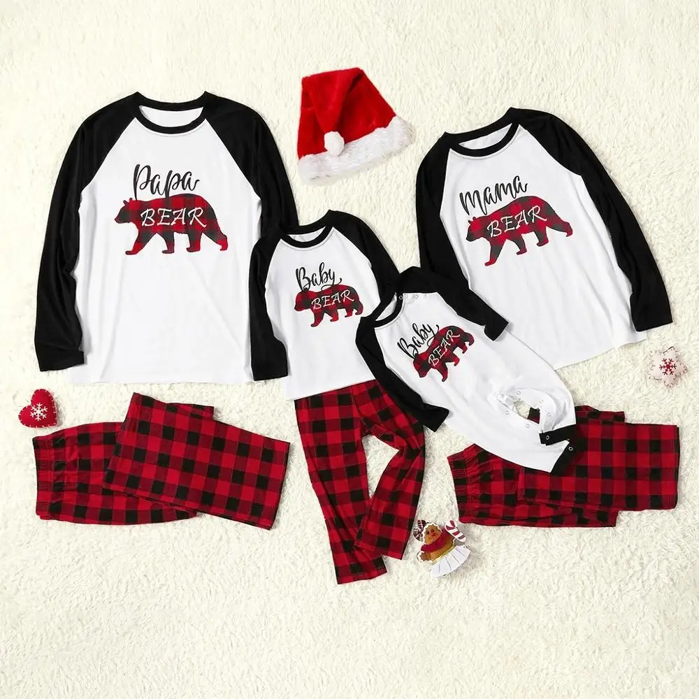 

PatPat Christmas Plaid Bear Print Family Matching Pajamas set Autumn and Winter Round Neck Long Sleeve Shirt Plaid Pants
